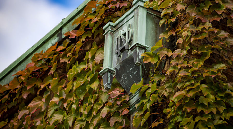 Downspout on the side of Cushing Hall of Engineering